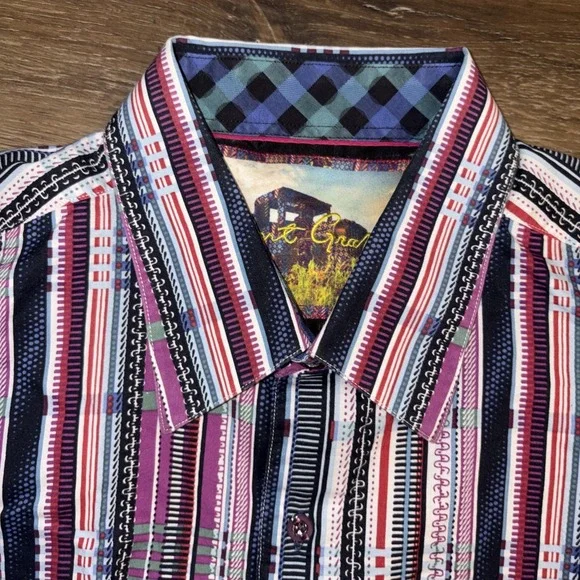 Robert Graham Embroidered All Over Print Button Up Long Sleeve Striped Shirt L - Picture 4 of 6